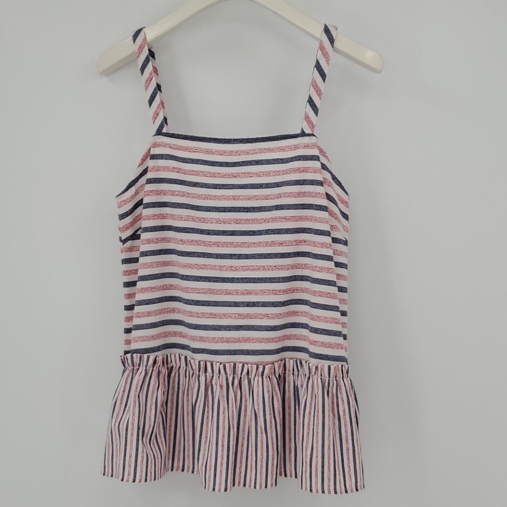 Sugar Lips Cotton Sleeveless Pink Blue Stripe Ruffle Tank Top Tee Small